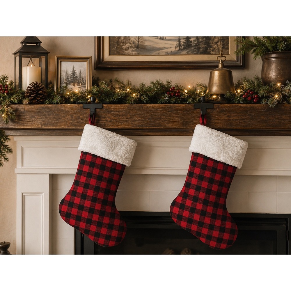 Set of 2 Red Black Buffalo Plaid Christmas Stockings White Sherpa Cuff New